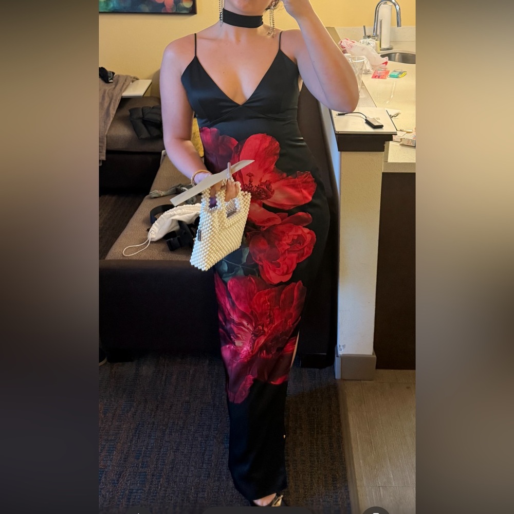 Alice + Olivia Black Maxi Dress with Red Floral Design